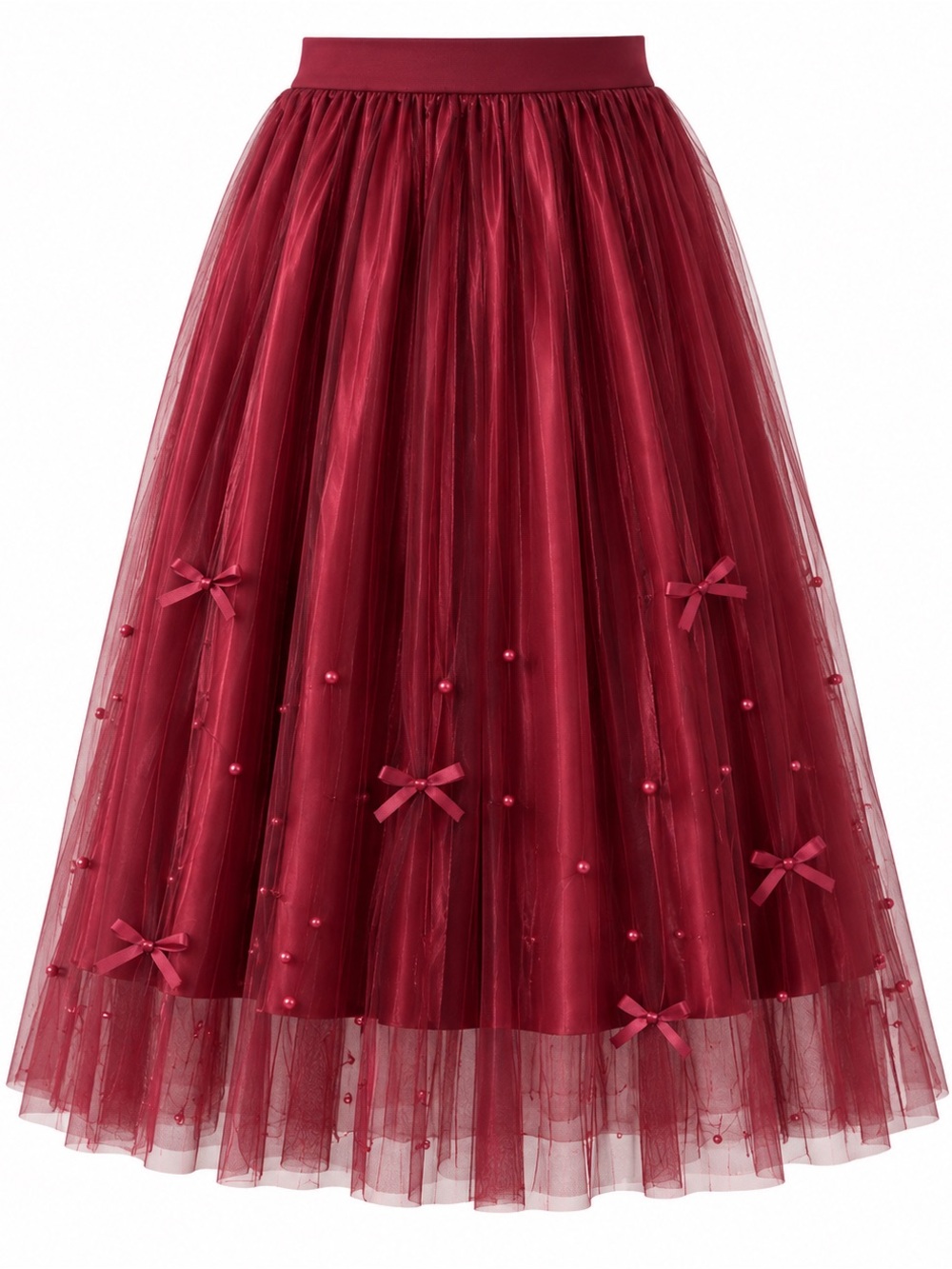 Amber Sky Burgundy/Wine Pleated Tulle Skirt S NWT Pearl Bow Embellished Midi